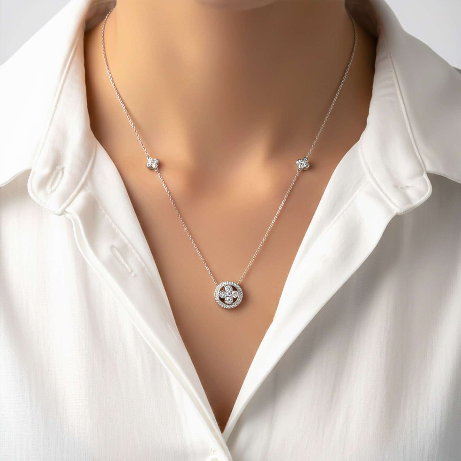 Silver Floral Halo Sparkle Necklace & Earrings Set