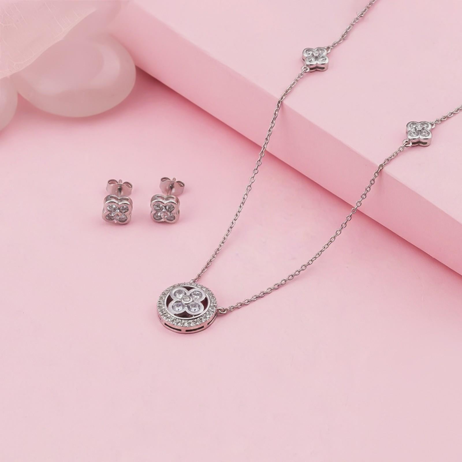 Silver Floral Halo Sparkle Necklace & Earrings Set