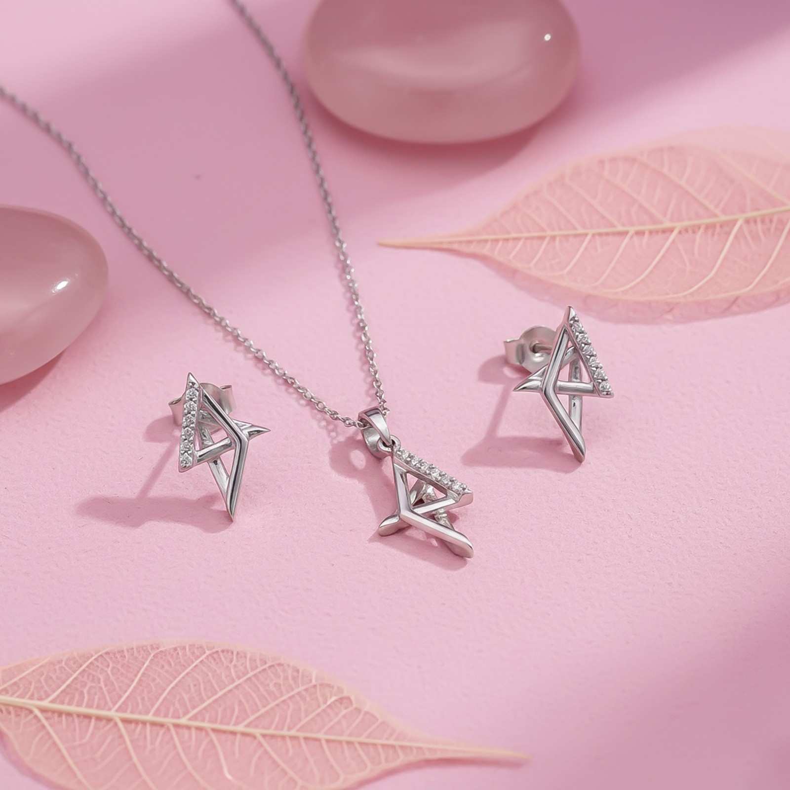 Silver Geometric Spark Triangle Pendant & Earrings Set