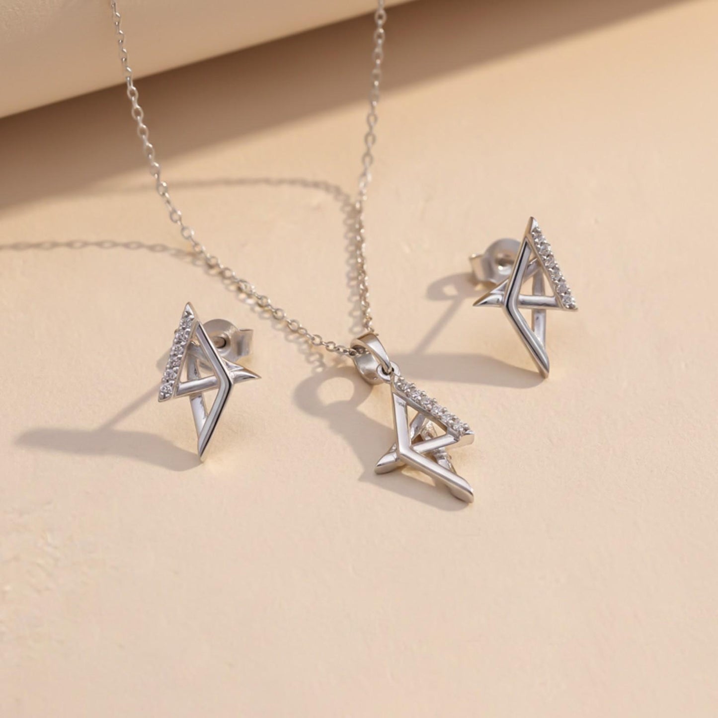 Silver Geometric Spark Triangle Pendant & Earrings Set