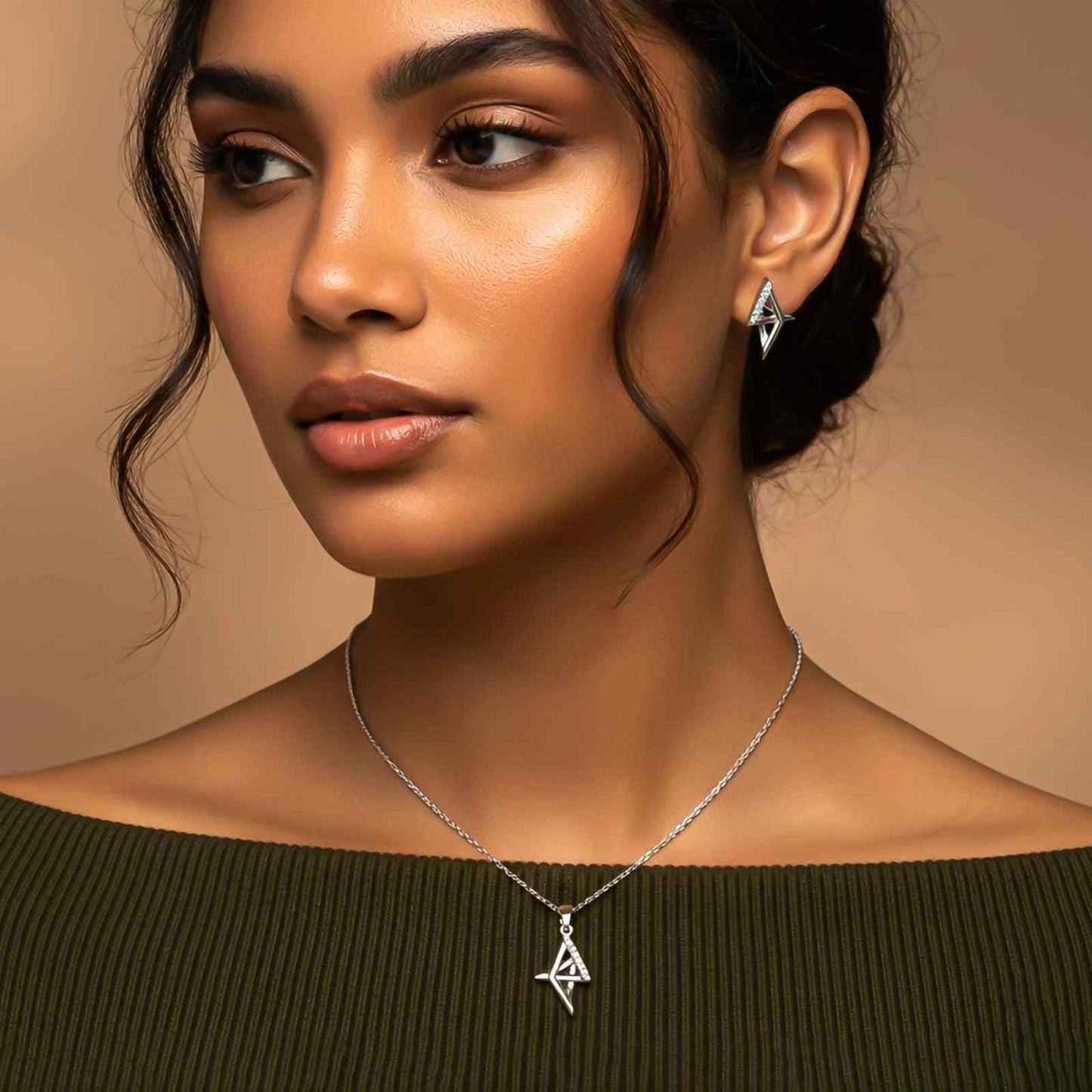 Silver Geometric Spark Triangle Pendant & Earrings Set