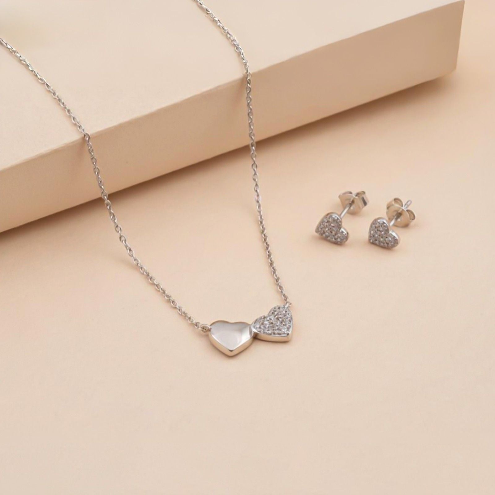 Silver Dual Heart Spark Pendant & Earrings Set