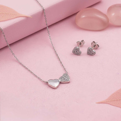 Silver Dual Heart Spark Pendant & Earrings Set