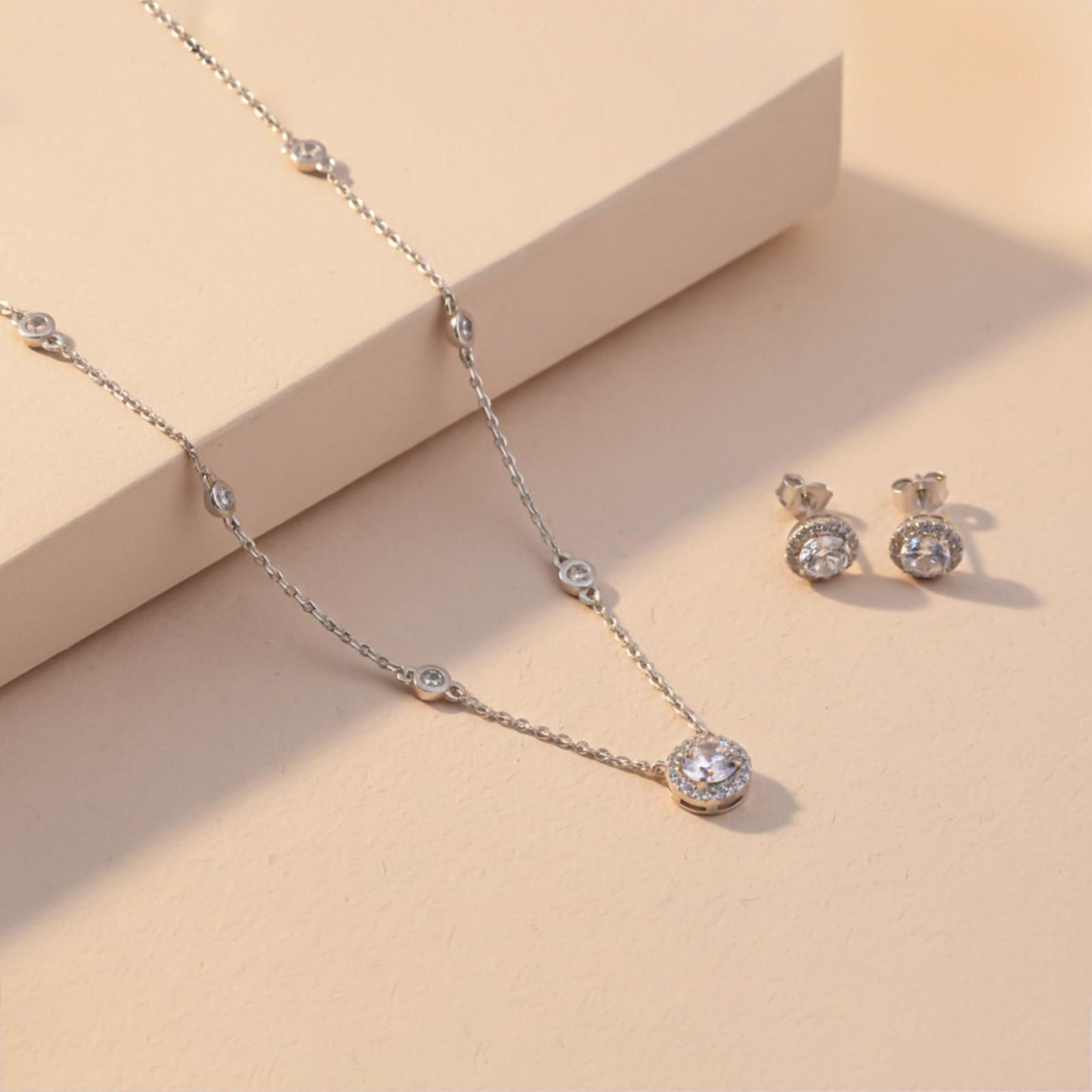 Silver Classic Solitaire Pendant & Earrings Set