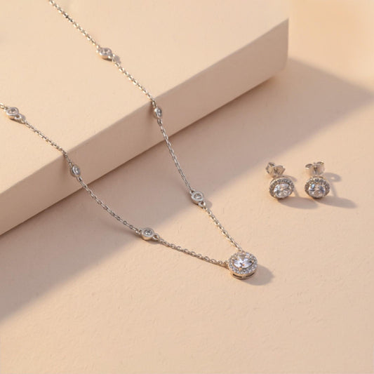 Silver Classic Solitaire Pendant & Earrings Set