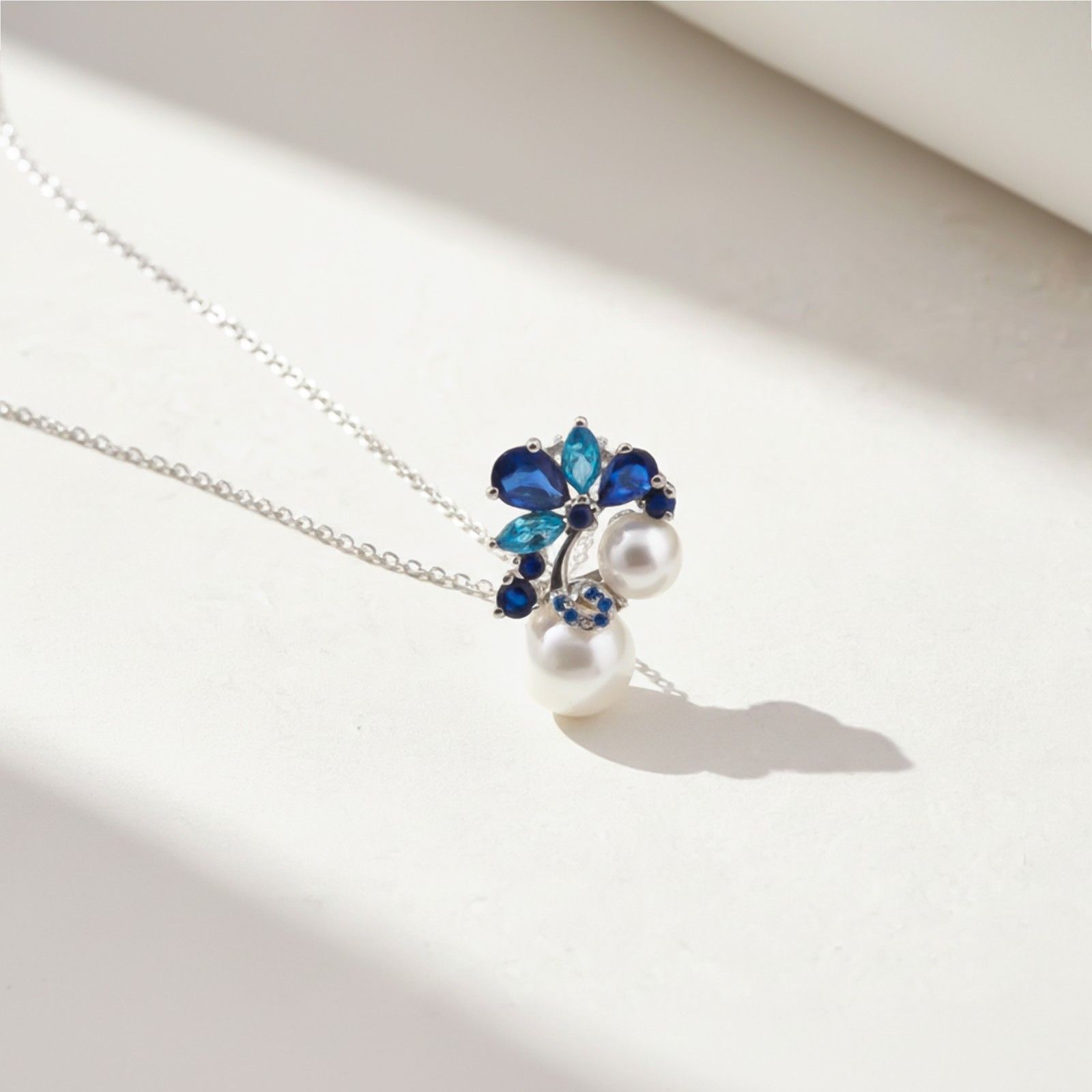 Silver Floral Pearl Drop Pendant & Earrings Set