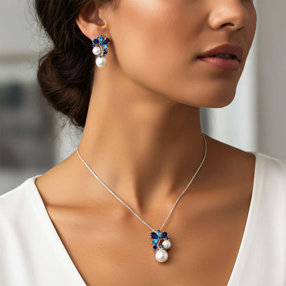 Silver Floral Pearl Drop Pendant & Earrings Set