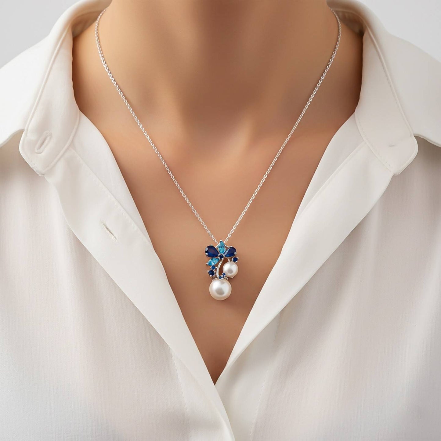 Silver Floral Pearl Drop Pendant & Earrings Set