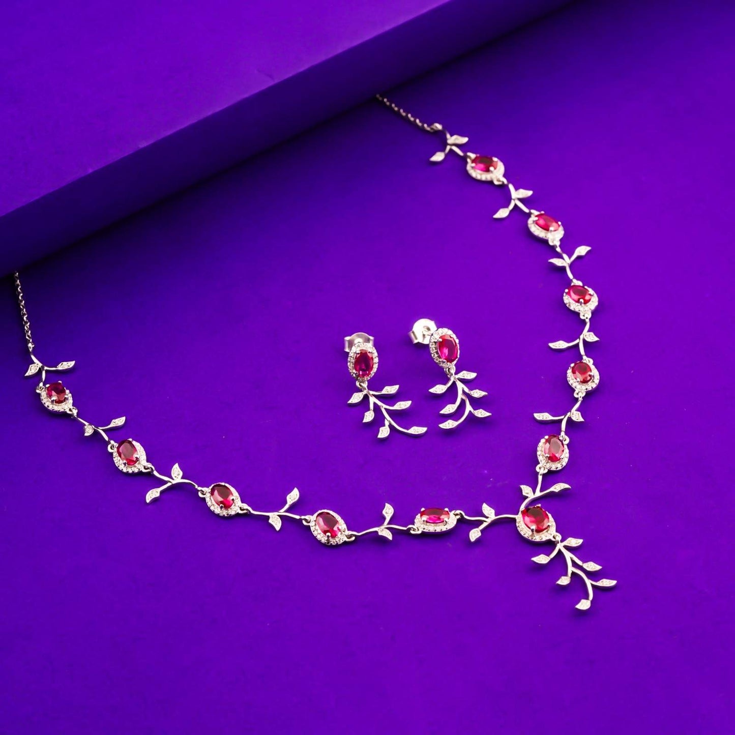 Silver Ruby Vine Floral Necklace & Earrings Set