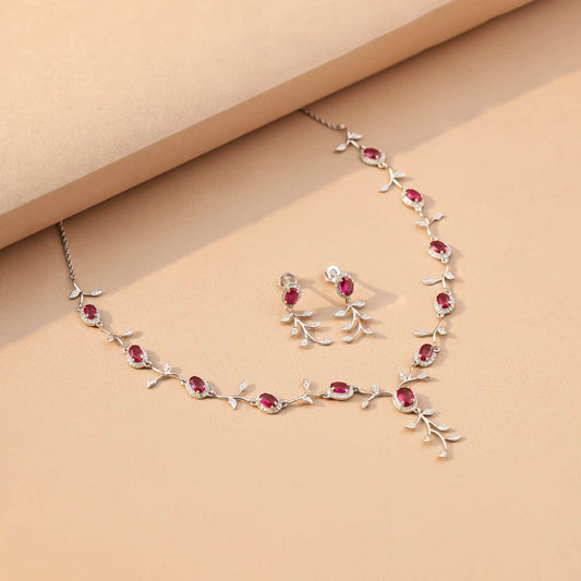 Silver Ruby Vine Floral Necklace & Earrings Set