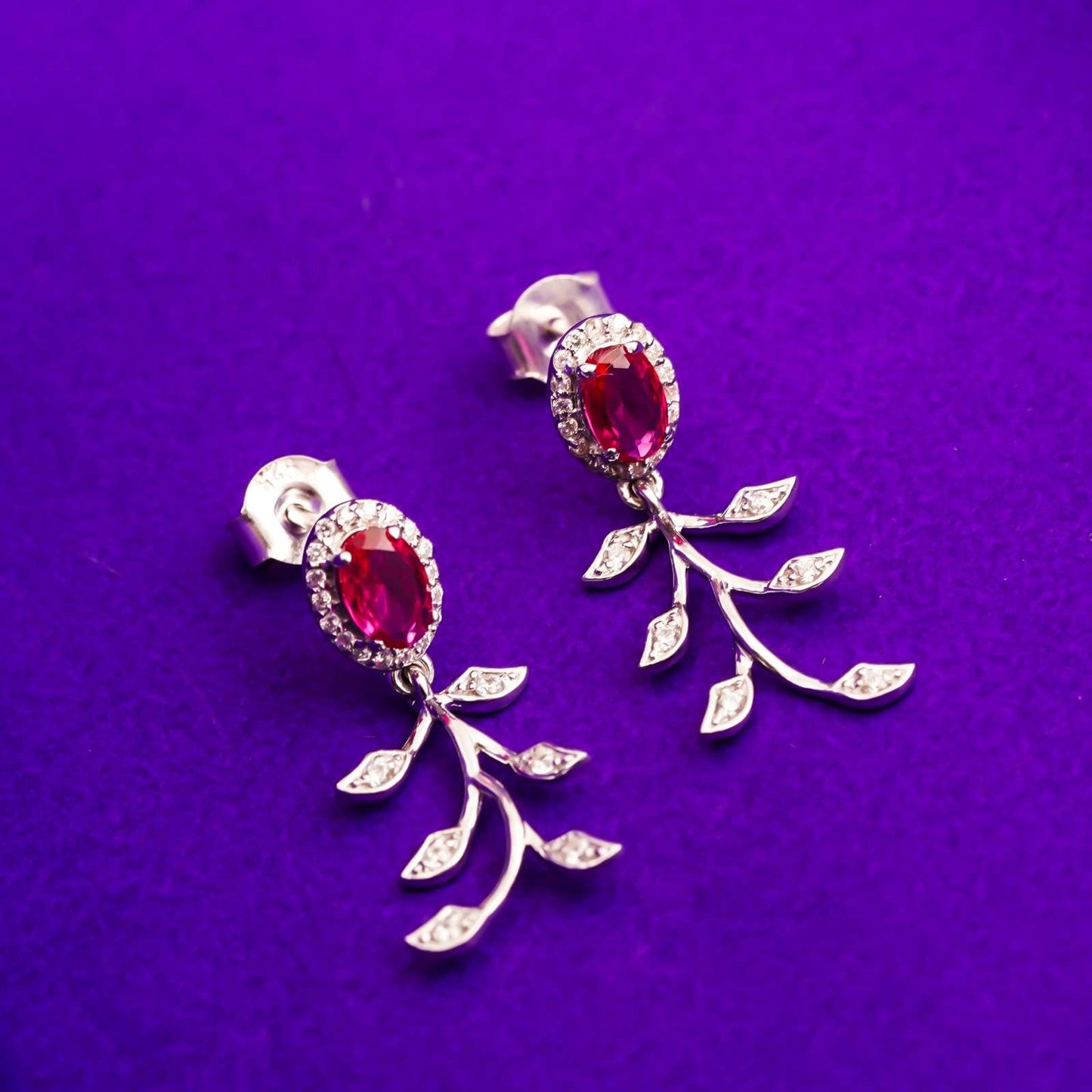 Silver Ruby Vine Floral Necklace & Earrings Set