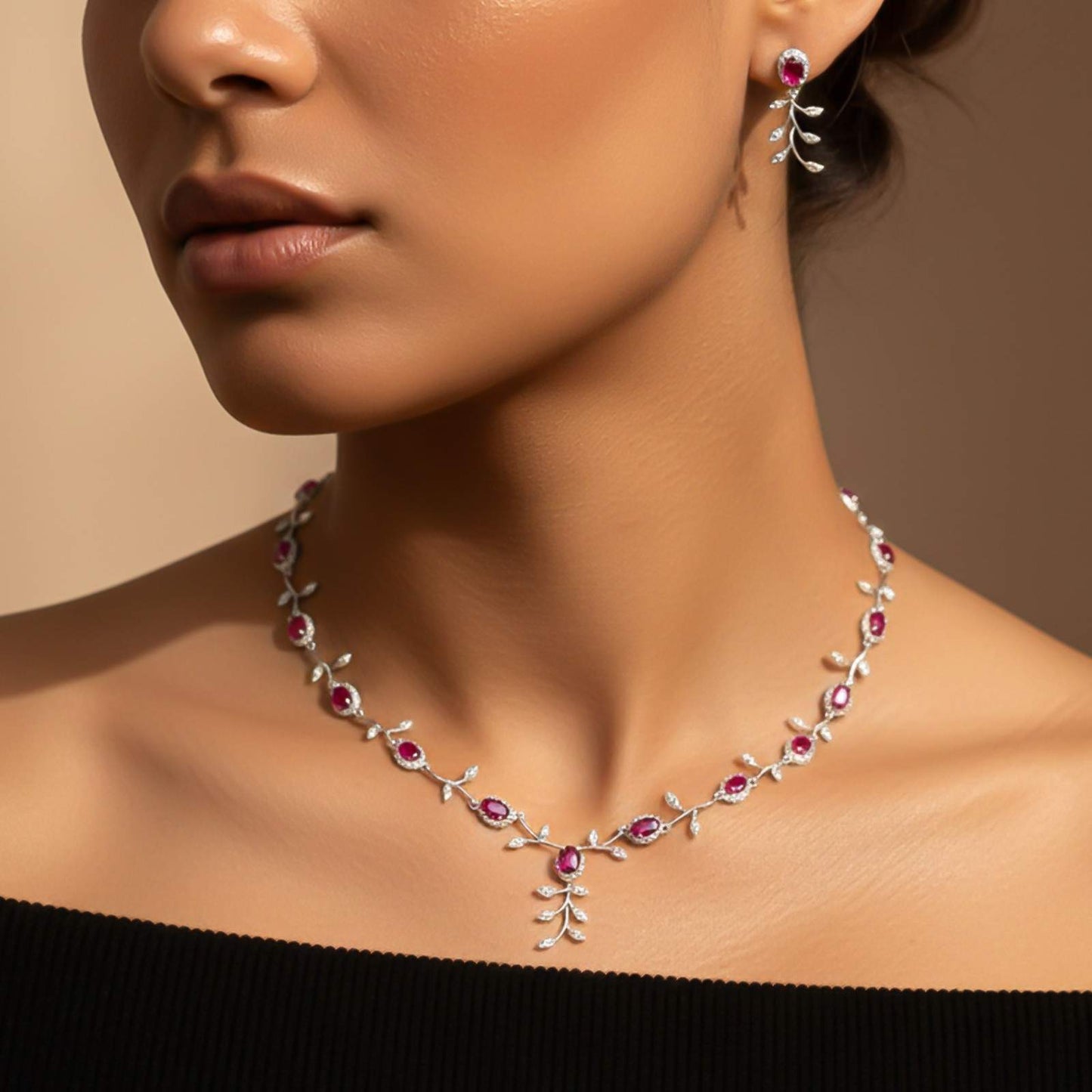 Silver Ruby Vine Floral Necklace & Earrings Set