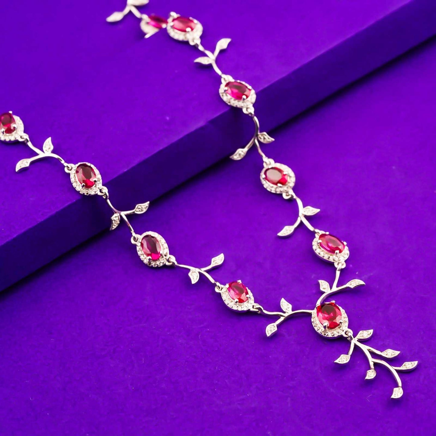 Silver Ruby Vine Floral Necklace & Earrings Set