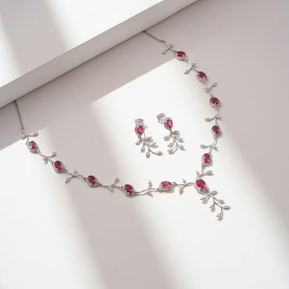 Silver Ruby Vine Floral Necklace & Earrings Set