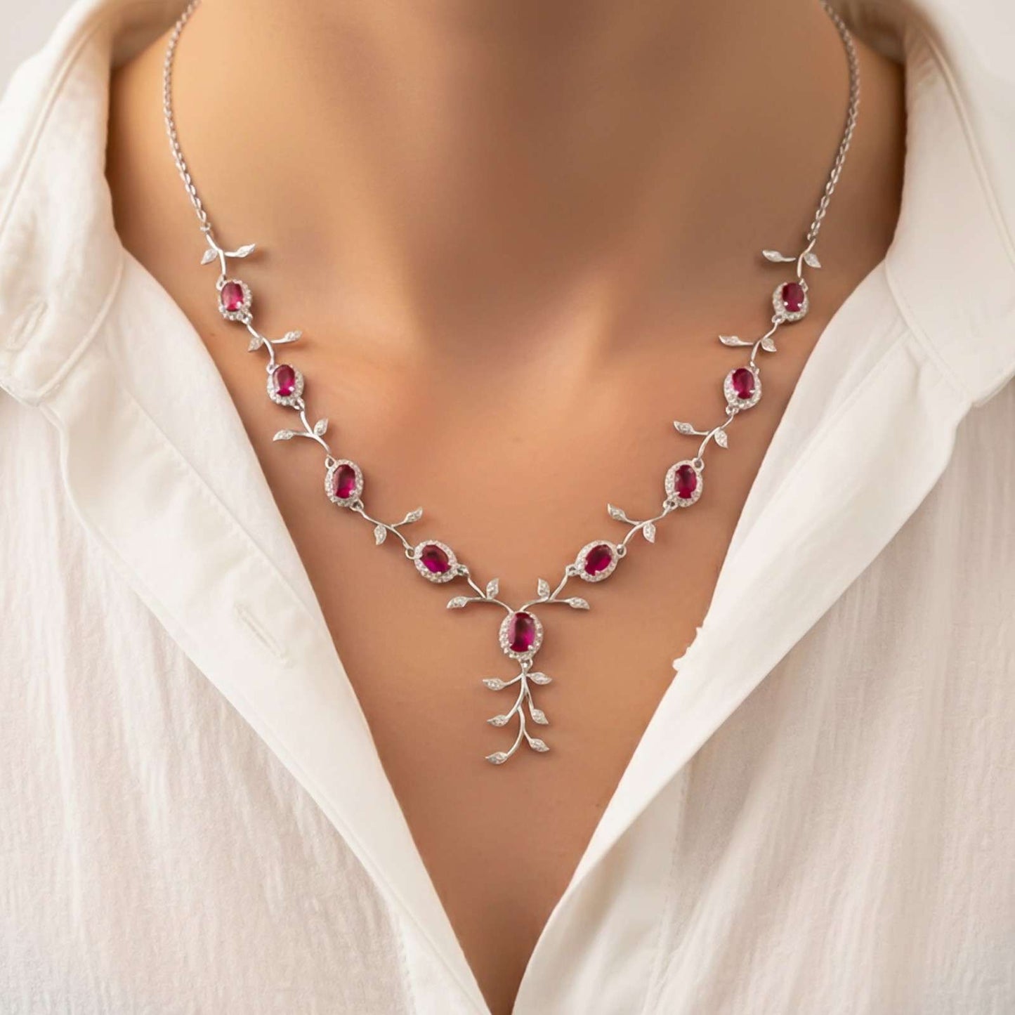 Silver Ruby Vine Floral Necklace & Earrings Set