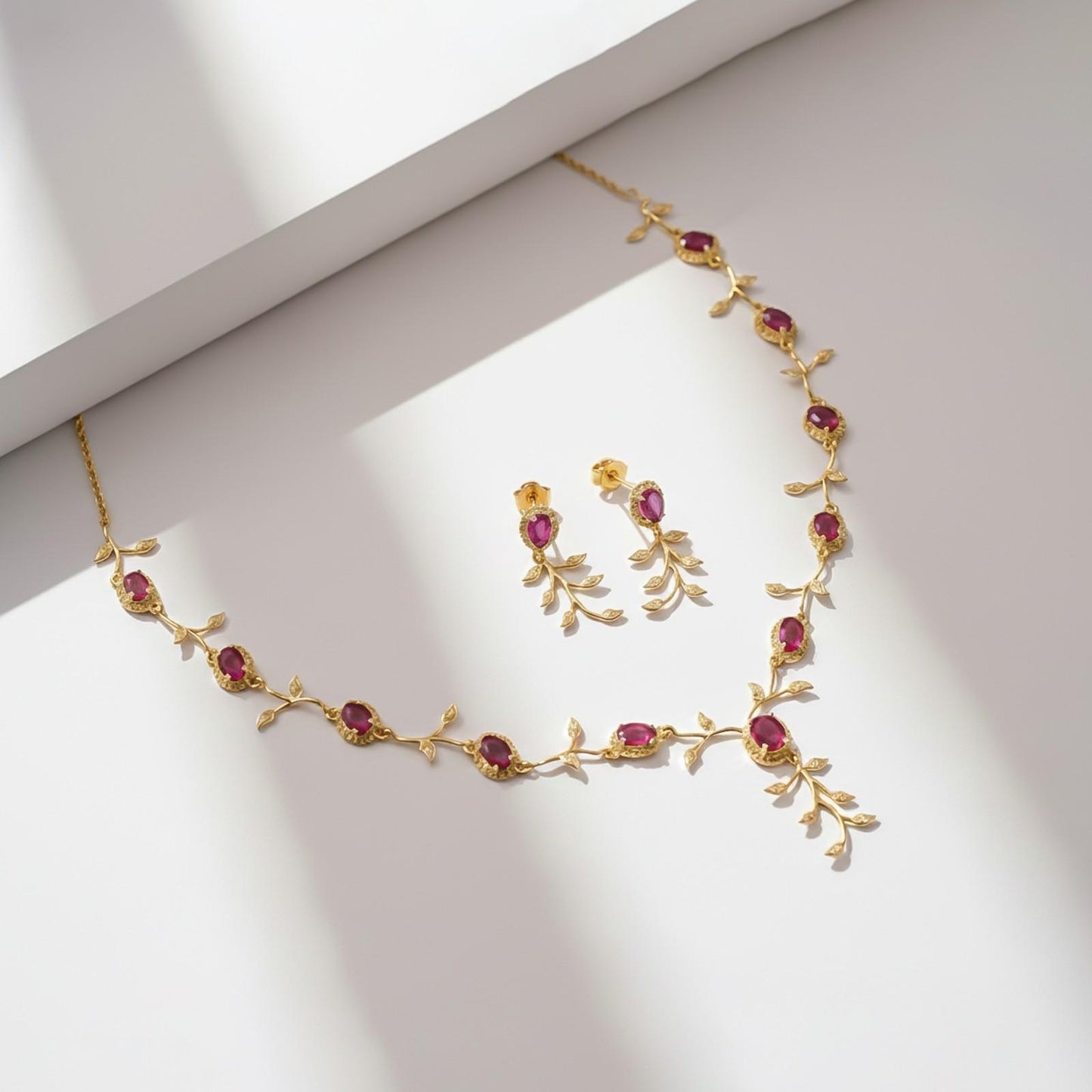 Golden Ruby Vine Floral Necklace & Earrings Set
