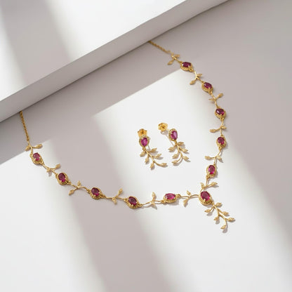Golden Ruby Vine Floral Necklace & Earrings Set