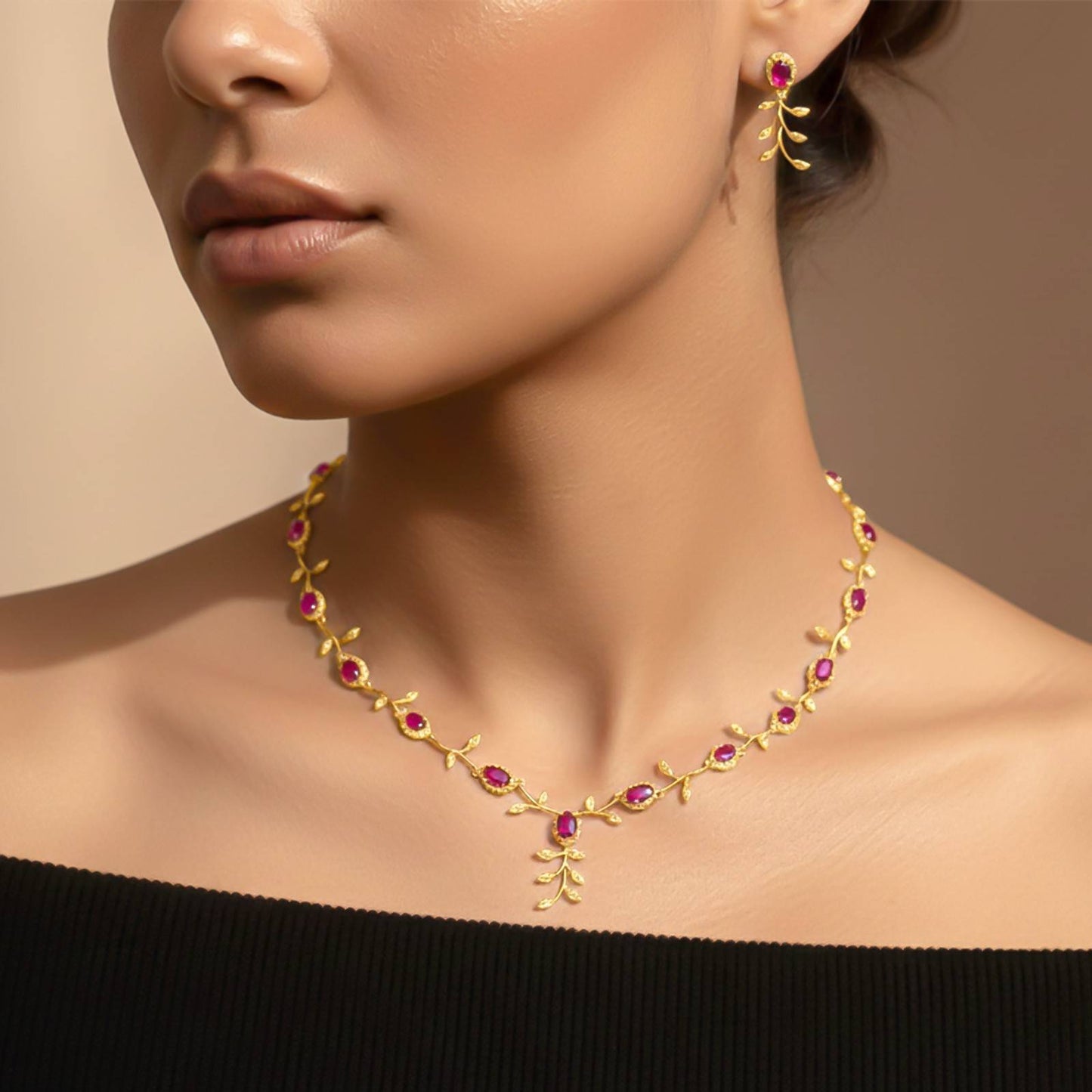 Golden Ruby Vine Floral Necklace & Earrings Set