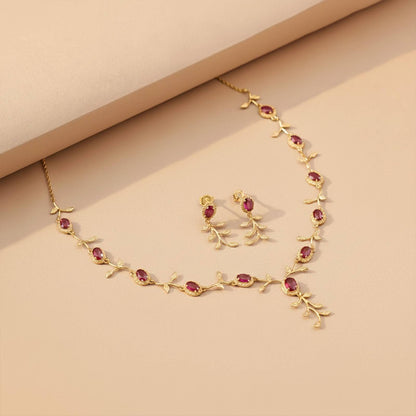 Golden Ruby Vine Floral Necklace & Earrings Set