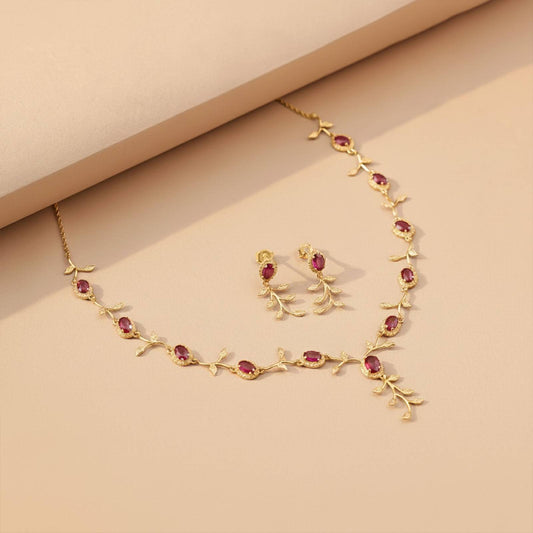 Golden Ruby Vine Floral Necklace & Earrings Set
