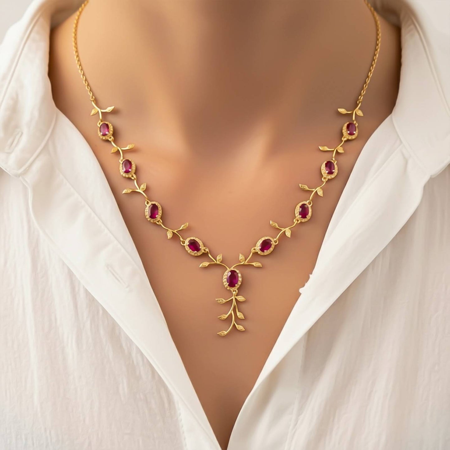 Golden Ruby Vine Floral Necklace & Earrings Set