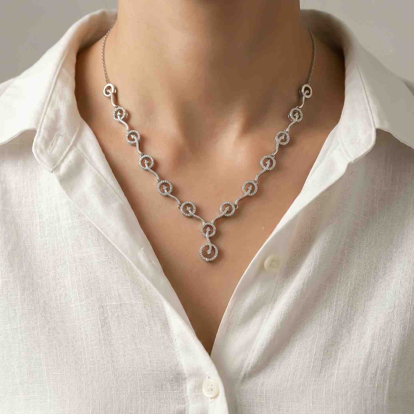 Silver Circular CZ Link Necklace & Earrings Set