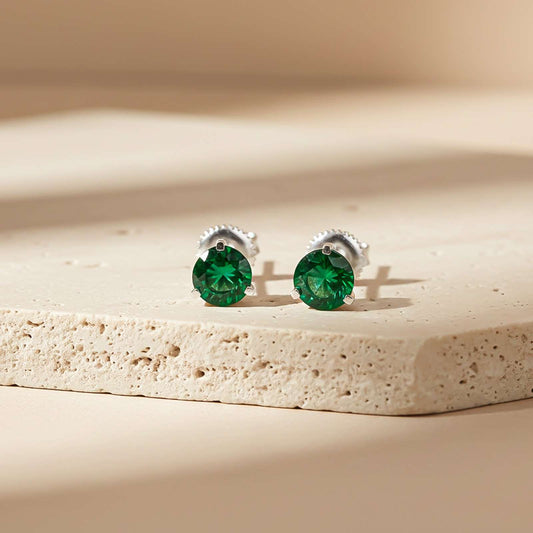Silver Sphere Green Emerald Stud Earrings