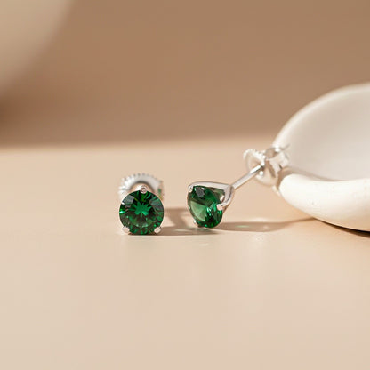 Silver Sphere Green Emerald Stud Earrings