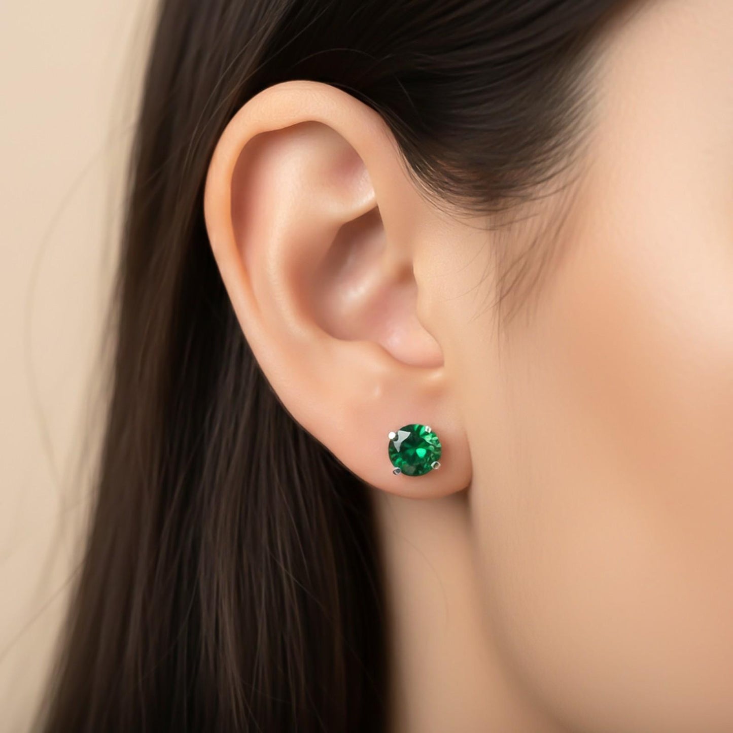 Silver Sphere Green Emerald Stud Earrings