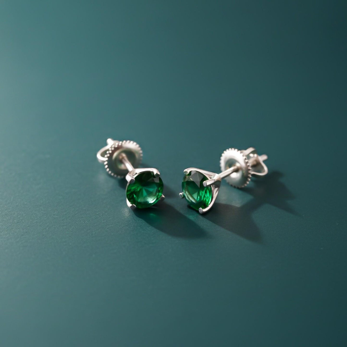 Silver Sphere Green Emerald Stud Earrings