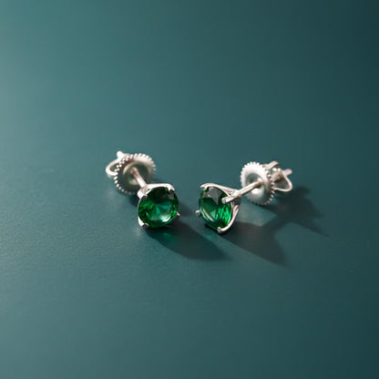 Silver Sphere Green Emerald Stud Earrings