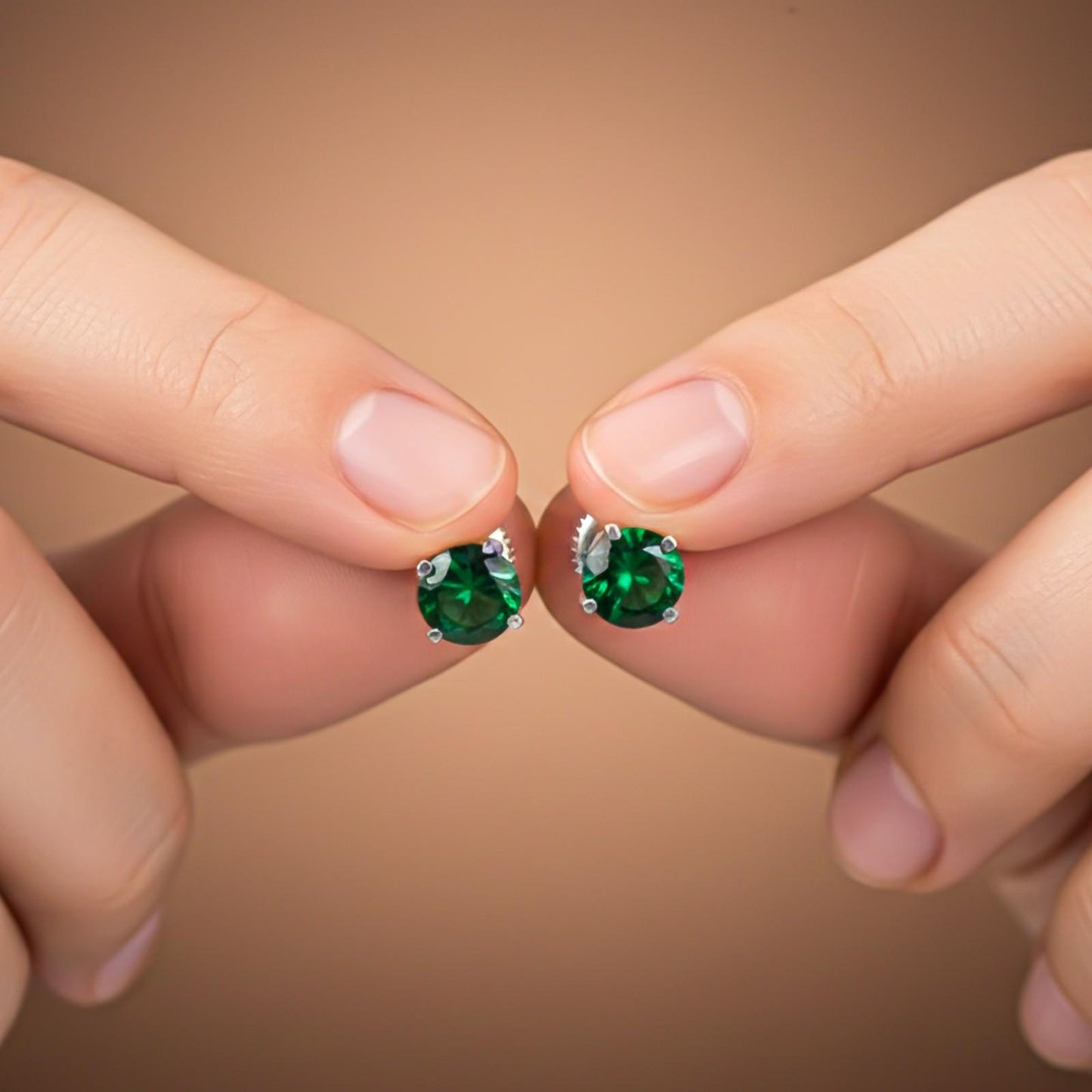 Silver Sphere Green Emerald Stud Earrings