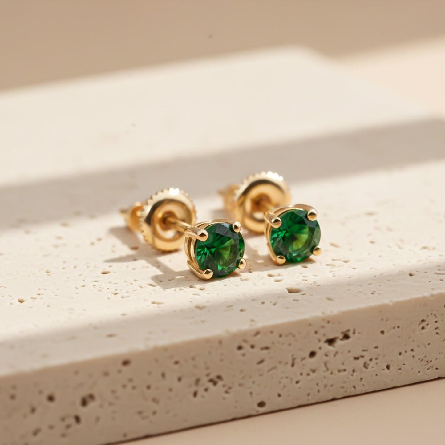 Silver Green Emerald Solitaire Studs Earring