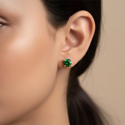 Silver Green Emerald Solitaire Studs Earring