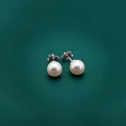 Silver Pearl Moon Stud Earrings