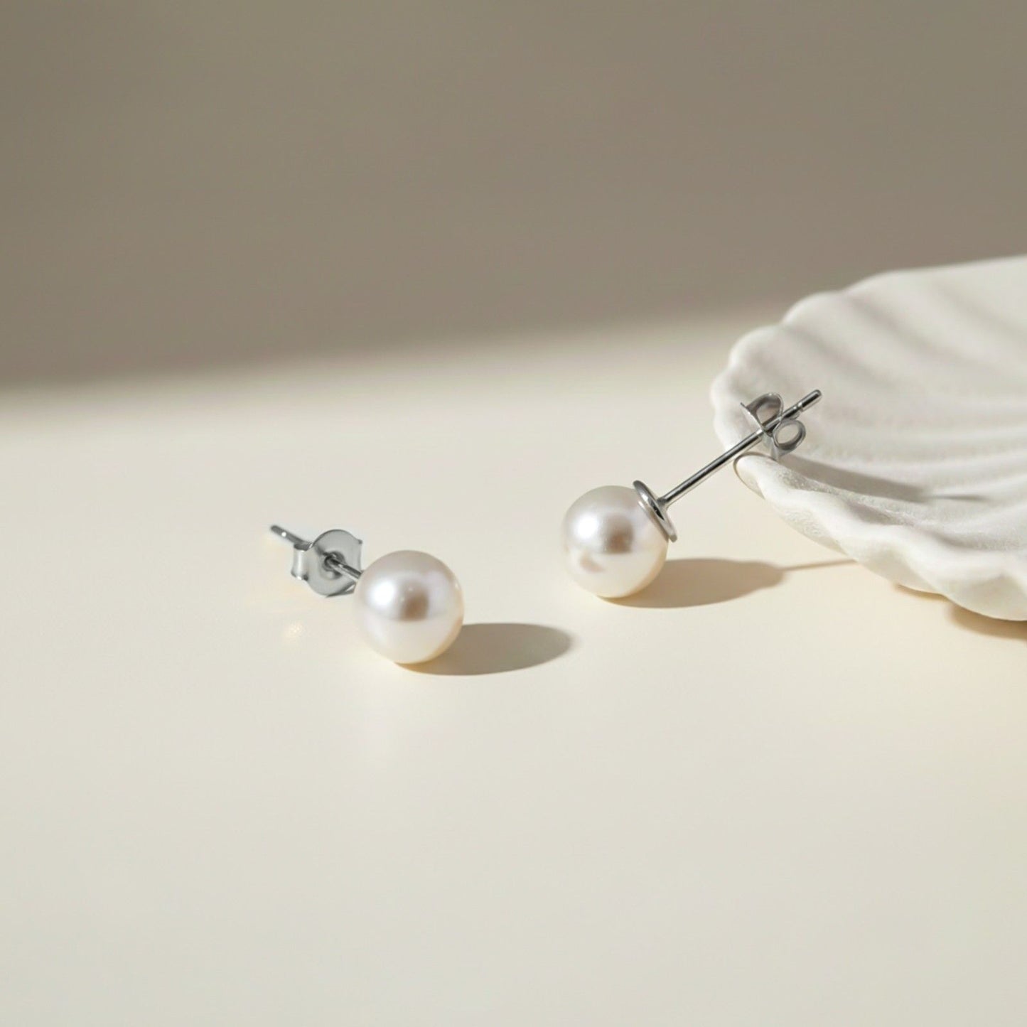 Silver Pearl Moon Stud Earrings