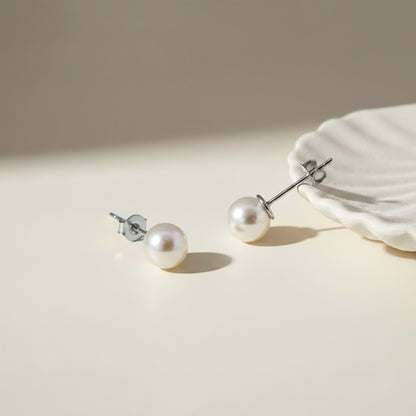Silver Pearl Moon Stud Earrings