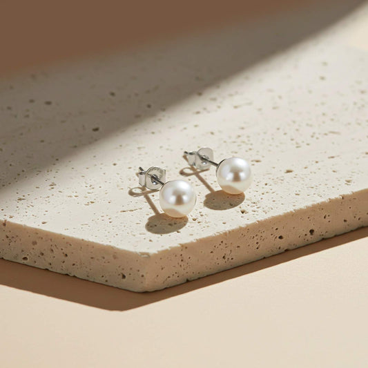 Silver Pearl Moon Stud Earrings