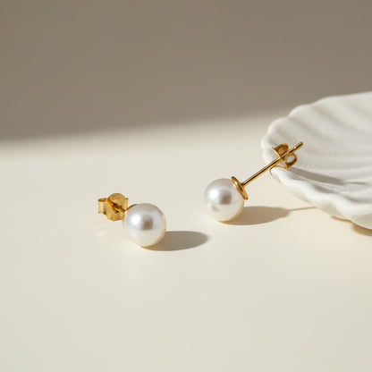 Golden Pearl Moon Stud Earrings