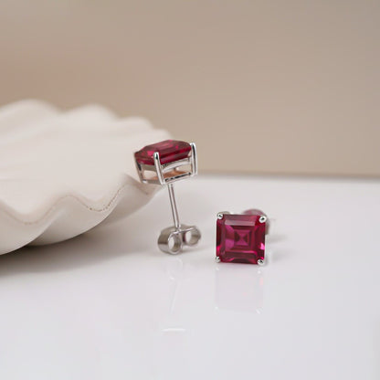 Silver Pink Ruby Solitaire Stud Earring