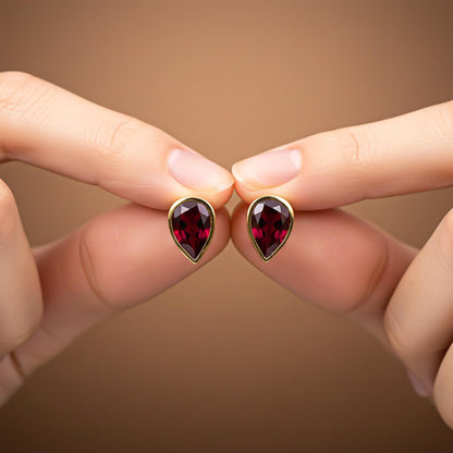 Golden Pear Shape Ruby Stud Earrings