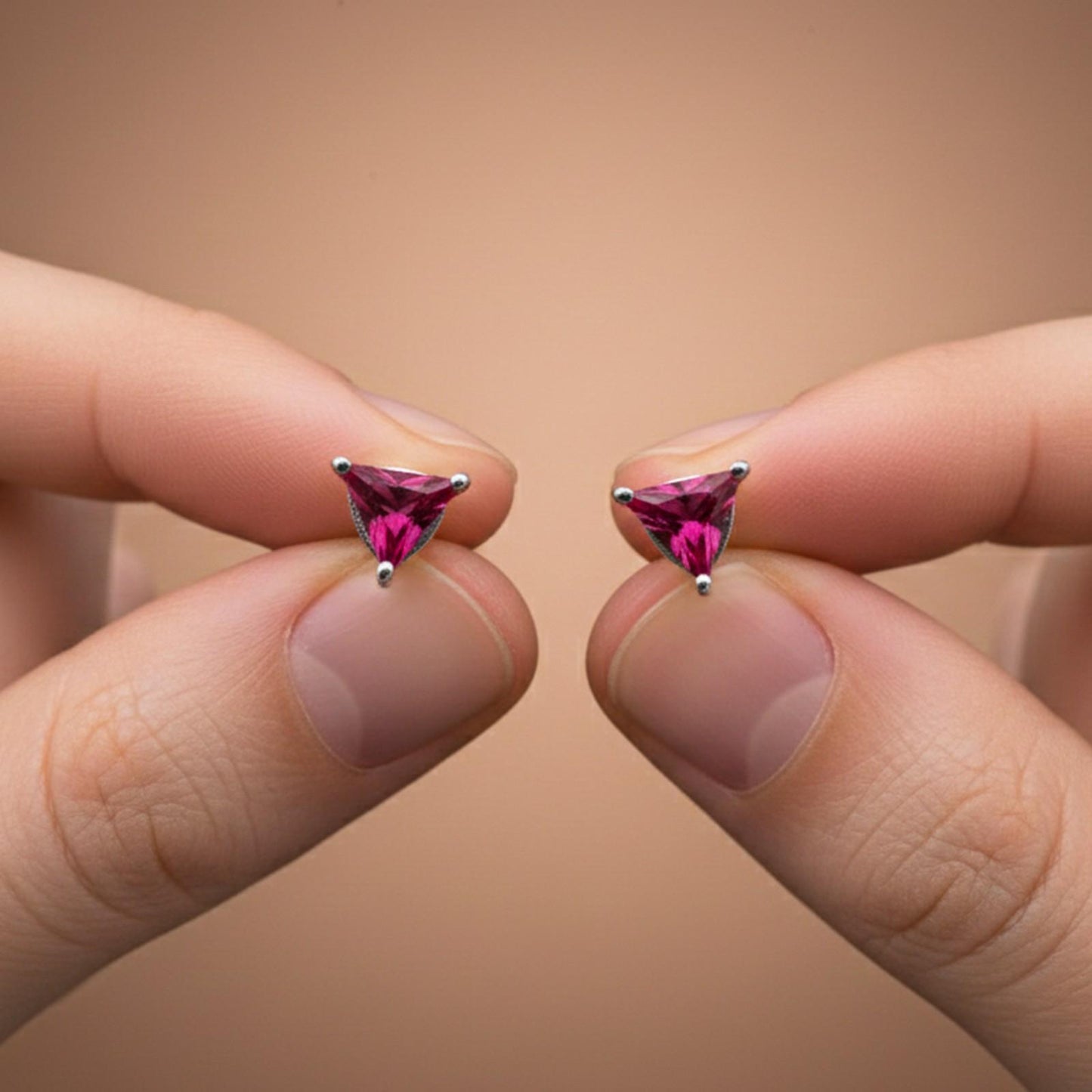Triangle Pink Ruby Stud Earrings