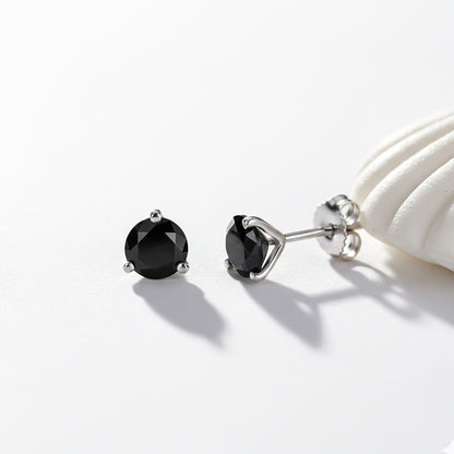 Silver Solitaire Black Diamond Stud Earrings