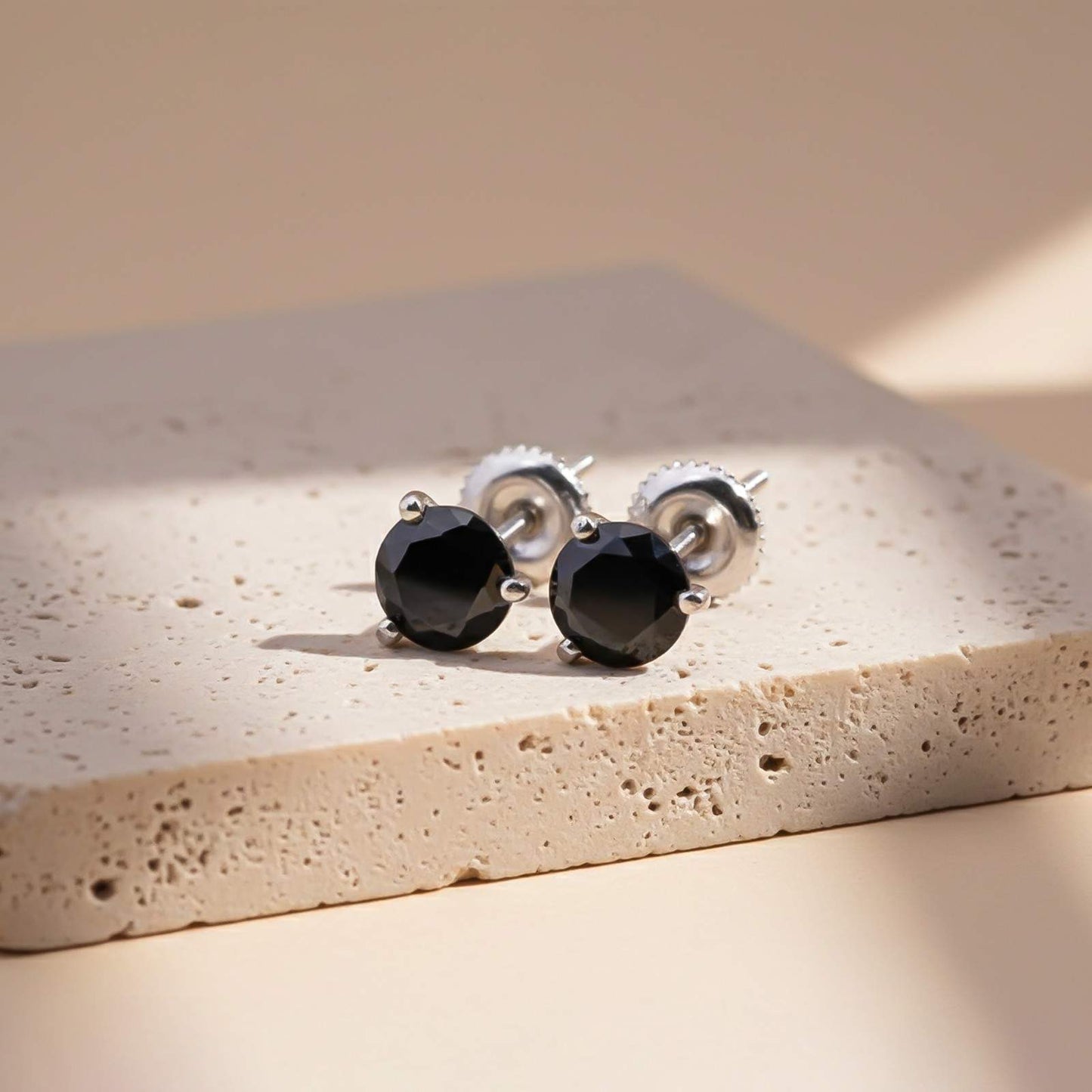 Silver Solitaire Black Diamond Stud Earrings