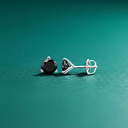 Silver Solitaire Black Diamond Stud Earrings