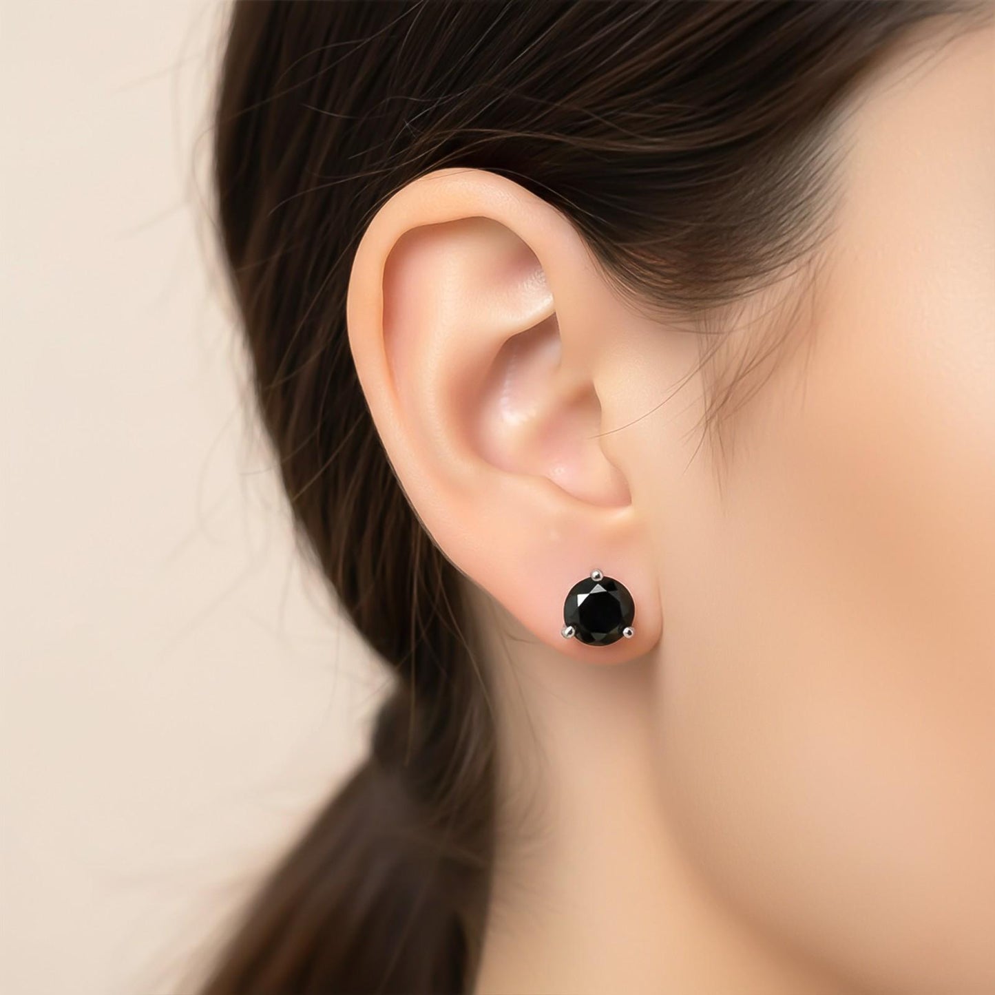 Silver Solitaire Black Diamond Stud Earrings