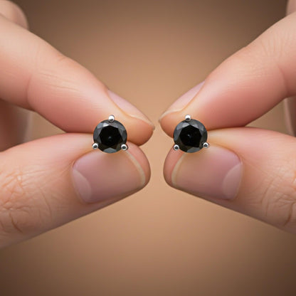 Silver Solitaire Black Diamond Stud Earrings