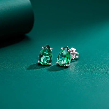 Silver Emerald Pear Shape Stud Earrings