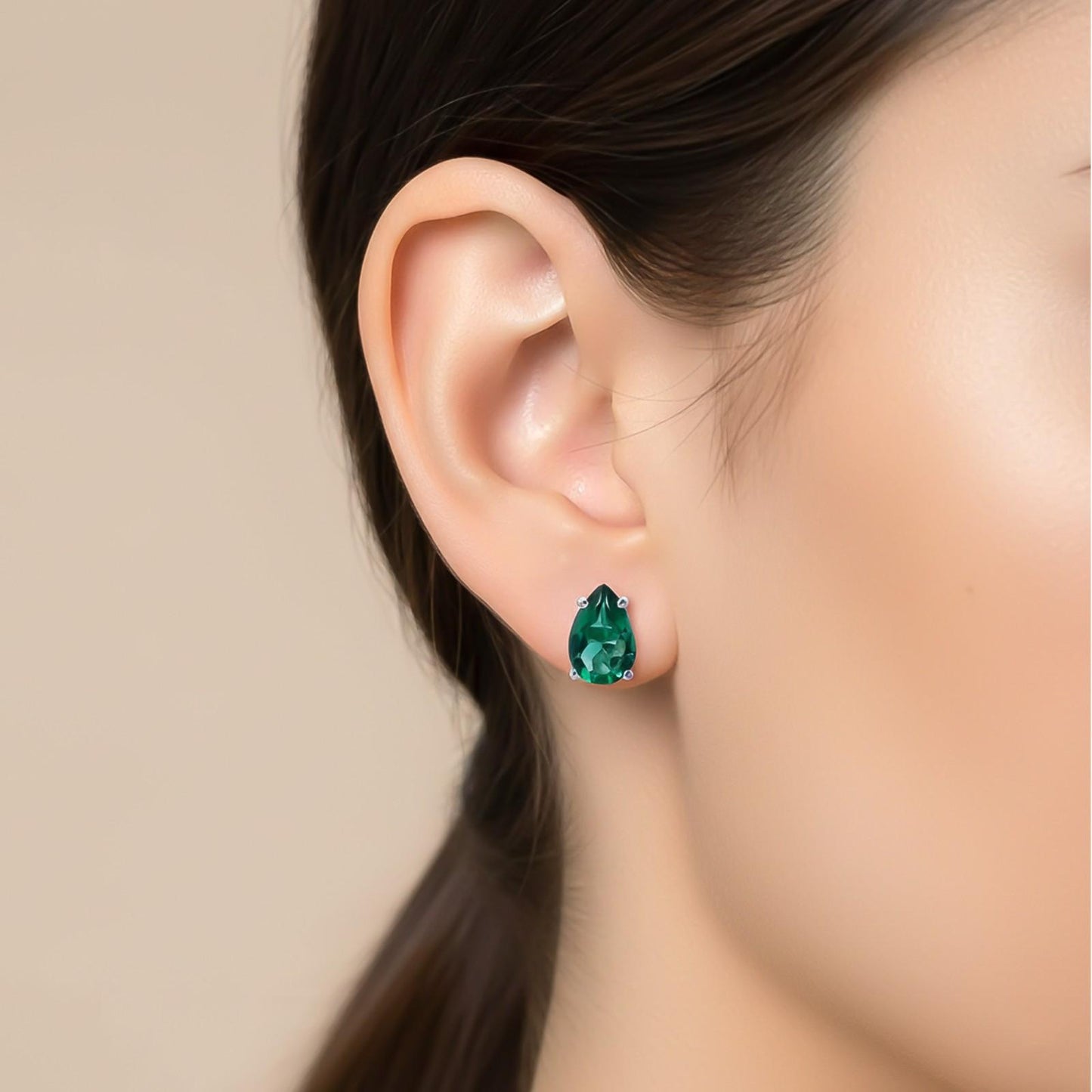 Silver Emerald Pear Shape Stud Earrings