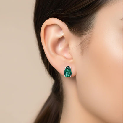 Silver Emerald Pear Shape Stud Earrings